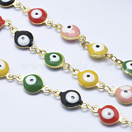 Vacuum Plating Handmade Enamel Beaded Chains, Soldered, with Spool, with Stainless Steel Findings, Flat Round with Evil Eye, Colorful, Golden, 14x8x4mm, about 32.8 Feet(10m)/roll(CHC-P005-12G)