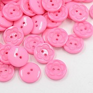 Acrylic Sewing Buttons for Clothes Design, Plastic Buttons, 2-Hole, Dyed, Flat Round with Flower Pattern, Pink, 16x3mm, Hole: 1mm(BUTT-E083-C-08)