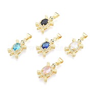 Brass Micro Pave Clear Cubic Zirconia Pendants, with Glass, Nickel Free, Real 18K Gold Plated, Tortoise, Mixed Color, 20x11x7mm, Hole: 3x4mm(KK-N227-128)