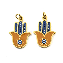 Ion Plating(IP) 304 Stainless Steel Pendants, with Enamel and Jump Ring, Hamsa Hand with Evil Eye Charm, Golden, 17x12x1.5mm, Hole: 2.5mm(STAS-O003-04G)