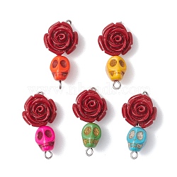 5Pcs 5 Colors Synthetic Coral & Turquoise Dyed Flower Skull Connector Charms, with Stainless Steel Color Tone 304 Stainless Steel Double Loops, Mixed Color, 30x15x10mm, Hole: 1.6mm, 1pc/color(PALLOY-JF02783)