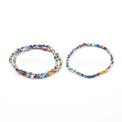 Colorful Evil Eye Lampwork Stretch Beaded Bracelets Sets, with Electroplate Non-magnetic Synthetic Hematite Beads, Round & Cube, Mixed Color, Inner Diameter: 2-3/8 inch(6cm), 3pcs/set(BJEW-JB05931)