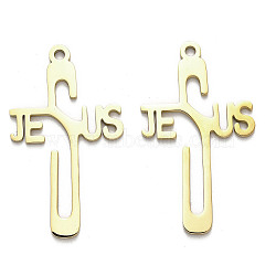 304 Stainless Steel Pendants, Cross with Word Jesus Charm, Golden, 39.5x22.5x1.5mm, Hole: 2mm(STAS-B054-03G)
