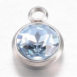 304 Stainless Steel Glass Rhinestone Charms, Faceted, Flat Round, Lavender, 14x10x7mm, Hole: 2.5mm(STAS-G082-02)