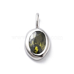 925 Sterling Silver Cubic Zirconia Oval Charms, Birthstone Charms with 925 Stamp, Silver Color Plated, Yellow Green, 14.5x8x3mm, Hole: 3.5x2mm(STER-S006-01S-H)