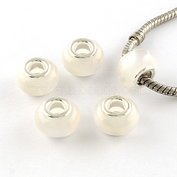 Imitation Cat Eye Resin European Beads, Large Hole Rondelle Beads, with Silver Color Plated Brass Cores, White, 13~14x9mm, Hole: 4.5~5mm(RPDL-S002-12)