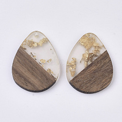 Transparent Resin & Walnut Wood Pendants, with Gold Foil, Waxed, Teardrop, Gold, 36x26.5x3.5mm, Hole: 2mm(X-RESI-S358-95-A01)