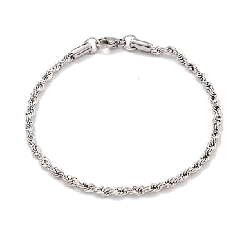 3MM 304 Stainless Steel Rope Chain Bracelets for Women, with Lobster Claw Clasps, Stainless Steel Color, 8-3/8 inch(21.4cm)