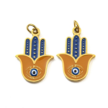 Ion Plating(IP) 304 Stainless Steel Pendants, with Enamel and Jump Ring, Hamsa Hand with Evil Eye Charm, Golden, 17x12x1.5mm, Hole: 2.5mm