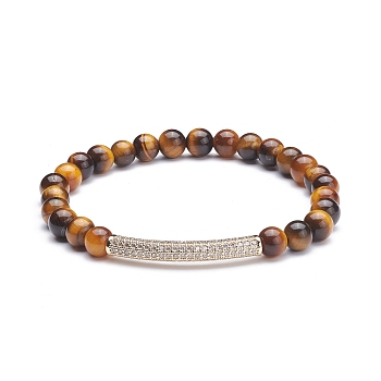 Round Natural Tiger Eye Beads Stretch Bracelet for Girl Women, Curved Tube Cubic Zirconia Beads Bracelet, Golden, Inner Diameter: 2-1/8 inch(5.3cm)