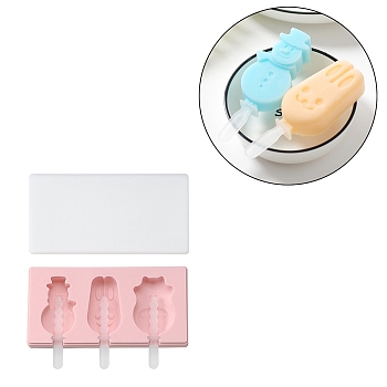 Ice Pop Food Grade Silicone Molds, with Plastic Lids and Sticks, for Children Summer Home Kitchen Tools, Snowman & Rabbit/Bunny Head, Pink, 91x182x22mm