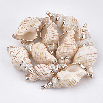 Electroplate Spiral Shell Pendants, with Iron Findings, Golden, Seashell Color, 27~41x13~20x12~18mm, Hole: 1.5~1.8mm