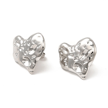 304 Stainless Steel Textured Heart Stud Earrings for Women, Stainless Steel Color, 18x19mm, Pin: 0.8mm
