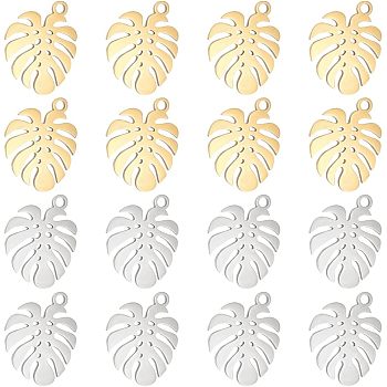 16Pcs 2 Colors 304 Stainless Steel Pendants, Tropical Leaf Charms, Monstera Leaf, Golden & Stainless Steel Color, 16x12x1mm, Hole: 1.4mm, 8pcs/color