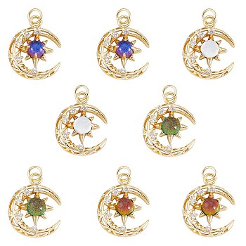 8Pcs 4 Colors Brass Micro Pave Clear Cubic Zirconia Glass Pendants, with Jump Ring, Long-Lasting Plated, Moon, Cadmium Free & Lead Free, Mixed Color, 21x16.5x4.5mm, Jump Ring: 5x0.8mm, 3.5mm Inner Diameter, 2pcs/color