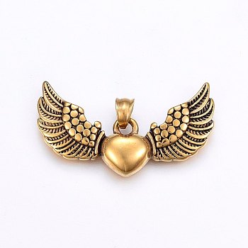 304 Stainless Steel Pendants, Flying Heart, Antique Golden, 23x42x5mm, Hole: 5x6mm