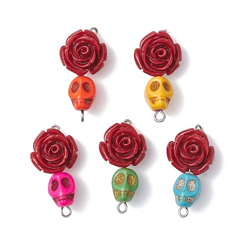 5Pcs 5 Colors Synthetic Coral & Turquoise Dyed Flower Skull Connector Charms, with Stainless Steel Color Tone 304 Stainless Steel Double Loops, Mixed Color, 30x15x10mm, Hole: 1.6mm, 1pc/color