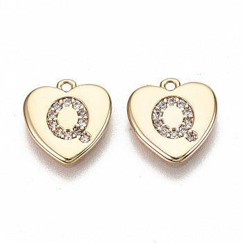 Brass Micro Pave Clear Cubic Zirconia Charms, Nickel Free, Real 18K Gold Plated, Flat Heart, Letter.Q, 10x10x1mm, Hole: 1mm