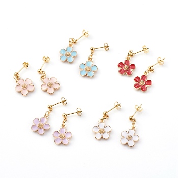 Zinc Alloy Flower Dangle Stud Earrings, with 304 Stainless Steel Earring Findings and Ear Nuts, Golden, Mixed Color, 25mm, Pin: 0.8mm