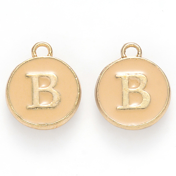 Golden Plated Alloy Enamel Charms, Cadmium Free & Lead Free, Enamelled Sequins, Flat Round with Letter, Wheat, Letter.B, 14x12x2mm, Hole: 1.5mm