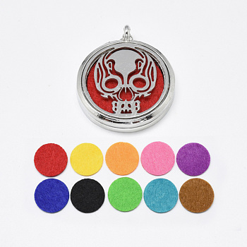 Alloy Diffuser Locket Pendants, with Skull 304 Stainless Steel Findings and Random Single Color Non-Woven Fabric Cabochons Inside, Magnetic, Flat Round, Random Single Color, 39.5x34x6.5mm, Hole: 3.5mm