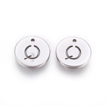 304 Stainless Steel Charms,  Flat Round with Letter, Stainless Steel Color, Letter.Q, 10x1mm, Hole: 1mm