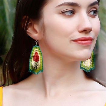 Bohemia Glass Seed Bead Dangle Earrings, Tassel Earrings for Women, Avocado, 98~99x29~31mm