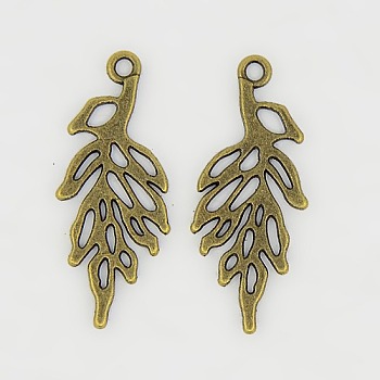 Tibetan Style Alloy Pendants, Lead Free, Nickel Free and Cadmium Free, Leaf, Antique Bronze, 29x11x1mm, Hole: 1mm, about 1090pcs/1000g