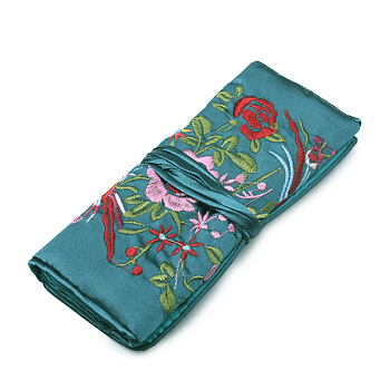 Retro Rectangle Silk Zipper Roll Pouches, Embroidery Flower Jewelry Storage Bags with Drawstring Rope, Teal, 20x9cm, Open: 27x20cm