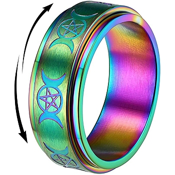 Triple Moon Goddess Stainless Steel Rotating Finger Ring, Fidget Spinner Ring for Calming Worry Meditation, Rainbow Color, US Size 9(18.9mm)
