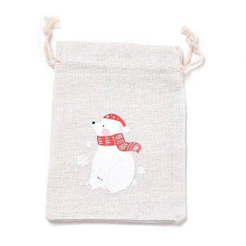 Christmas Cotton Cloth Storage Pouches, Rectangle Drawstring Bags, for Candy Gift Bags, Bear Pattern, 13.8x10x0.1cm