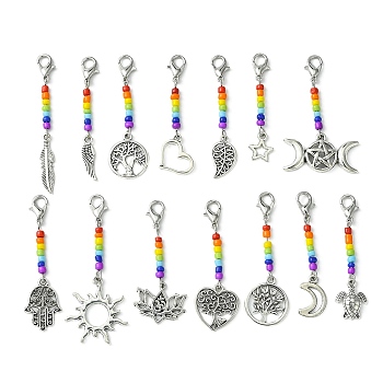 Glass Beaded Pendant Decorations, with Mixed Shapes Alloy Pendant and Zinc Alloy Lobster Claw Clasps, Antique Silver, 45~59x5~30x1~4mm, 14pcs/set