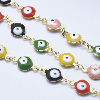 Vacuum Plating Handmade Enamel Beaded Chains, Soldered, with Spool, with Stainless Steel Findings, Flat Round with Evil Eye, Colorful, Golden, 14x8x4mm, about 32.8 Feet(10m)/roll