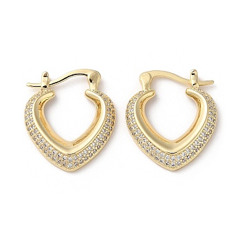 Heart Brass Cubic Zirconia Hoop Earrings, Long-Lasting Plated, Lead Free & Cadmium Free, Real 18K Gold Plated, 22.5x19.5x4mm
