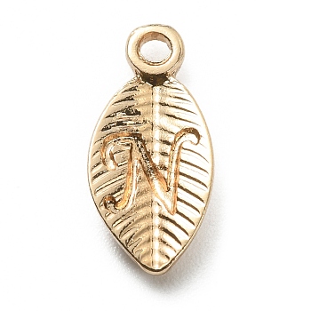 Alloy Pendants, Leaf with Letter Charm, Light Gold, Letter.N, 15.5x7.5x2.5mm, Hole: 1.5mm