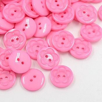 Acrylic Sewing Buttons for Clothes Design, Plastic Buttons, 2-Hole, Dyed, Flat Round with Flower Pattern, Pink, 16x3mm, Hole: 1mm