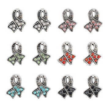 36Pcs 6 Colors Awareness Ribbon Alloy Rhinestone Large Hole European Beads, Mixed Color, 13x11x7.5mm, Hole: 5mm, 6pcs/color