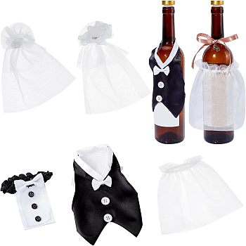 2 Sets 2 Style Organza & Cloth Bride and Groom Wine Bottle Cover, Wedding Gift Wine Wrap, Mixed Color, 160~185x93~154x3~23mm, 1 set/style