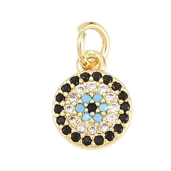 Brass Micro Pave Cubic Zirconia Charms, Flat Round with Evil Eye, Long-Lasting Plated, Rack Plating, Lead Free & Cadmium Free, Mixed Color, Real 18K Gold Plated, 10.5x8.5x2mm, Hole: 3.5mm