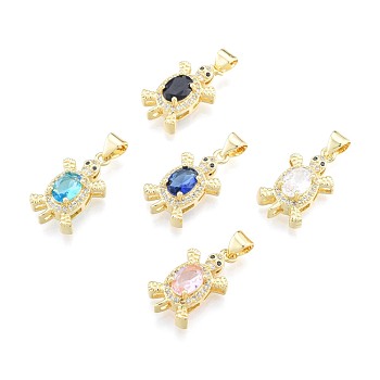 Brass Micro Pave Clear Cubic Zirconia Pendants, with Glass, Nickel Free, Real 18K Gold Plated, Tortoise, Mixed Color, 20x11x7mm, Hole: 3x4mm