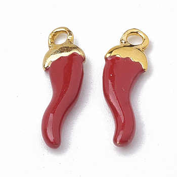 Brass Charms, Enamelled Sequins, Raw(Unplated), Hot Horn of Plenty/Italian Horn Cornicello Charms, Red, 15x4.5x2.5mm, Hole: 1mm