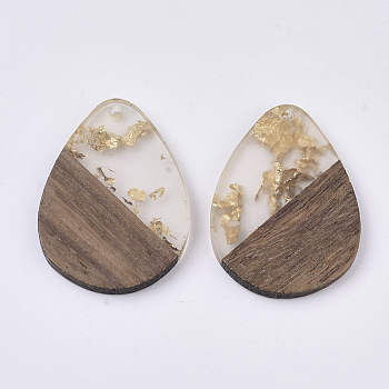 Transparent Resin & Walnut Wood Pendants, with Gold Foil, Waxed, Teardrop, Gold, 36x26.5x3.5mm, Hole: 2mm