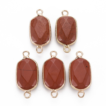 Natural Red Jasper Link Connectors, with Golden Plated Brass Edge and Loop, Faceted, Oval, 29x13x6~7mm, Hole: 2mm