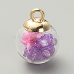 Transparent Glass Globe Pendants, with Dried Flower Inside and Golden ABS Plastic Pendant Bails, Round Charms, Medium Purple, 21.5x16mm, Hole: 2.5mm(GLAA-TAC0005-002C)