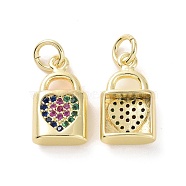 Brass Micro Pave Colorful Cubic Zirconia Charms, with Jump Ring, Lock with Heart, Real 18K Gold Plated, 14x8.5x4mm, Hole: 3.2mm(KK-E068-VF139)