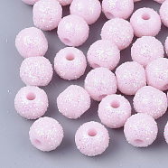 Opaque Acrylic Beads, with Glitter Powder, Round, Pink, 8.5x7mm, Hole: 2mm(MACR-T033-01A)