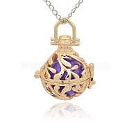 Golden Tone Brass Hollow Round Cage Pendants, with No Hole Spray Painted Brass Round Ball Beads, Medium Purple, 36x25x21mm, Hole: 3x8mm(KK-J227-09G)
