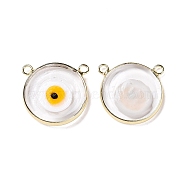 Handmade Lampwork Pendants, with Golden Plated Brass Findings, Cadmium Free & Lead Free, Flat Round with Evil Eye, Yellow, 21x21x4.5mm, Hole: 1.5mm(LAMP-P057-04G-06)