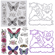 1Pc PVC Plastic Clear Stamps, with 1Pc Carbon Steel Cutting Dies Stencils, Butterfly Pattern, Stamps: 154x152x2.7mm; Stencils: 127x131x0.9mm(DIY-CP0008-79A)