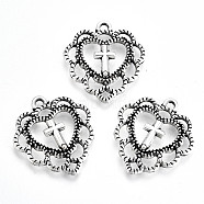 Tibetan Style Alloy Pendants, Crosslet Heart Pendants, Lead Free & Cadmium Free, Heart with Cross, Antique Silver, 21.5x20x3mm, Hole: 1.4mm, about 330pcs/500g(TIBE-S323-059AS-RS)